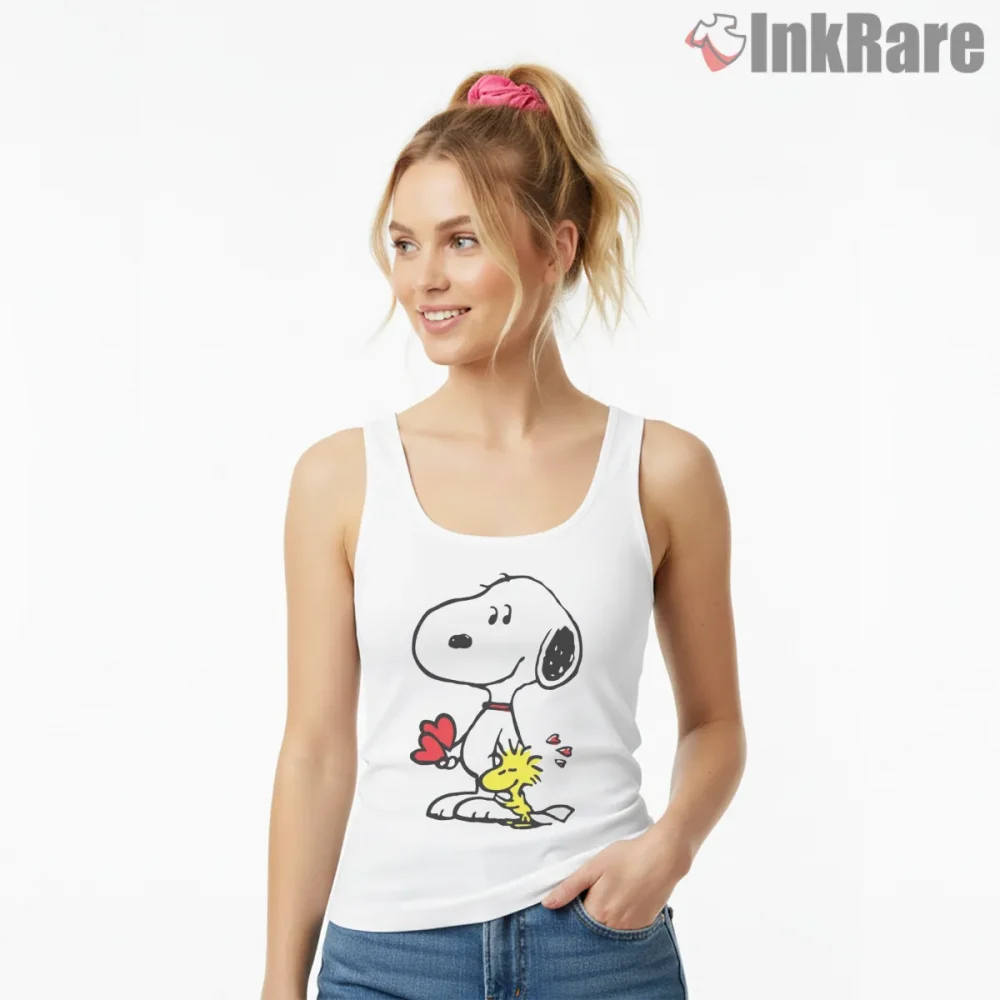 Snoopy And Woodstock Love Hearts Shirt on white tank top for women graphic tee