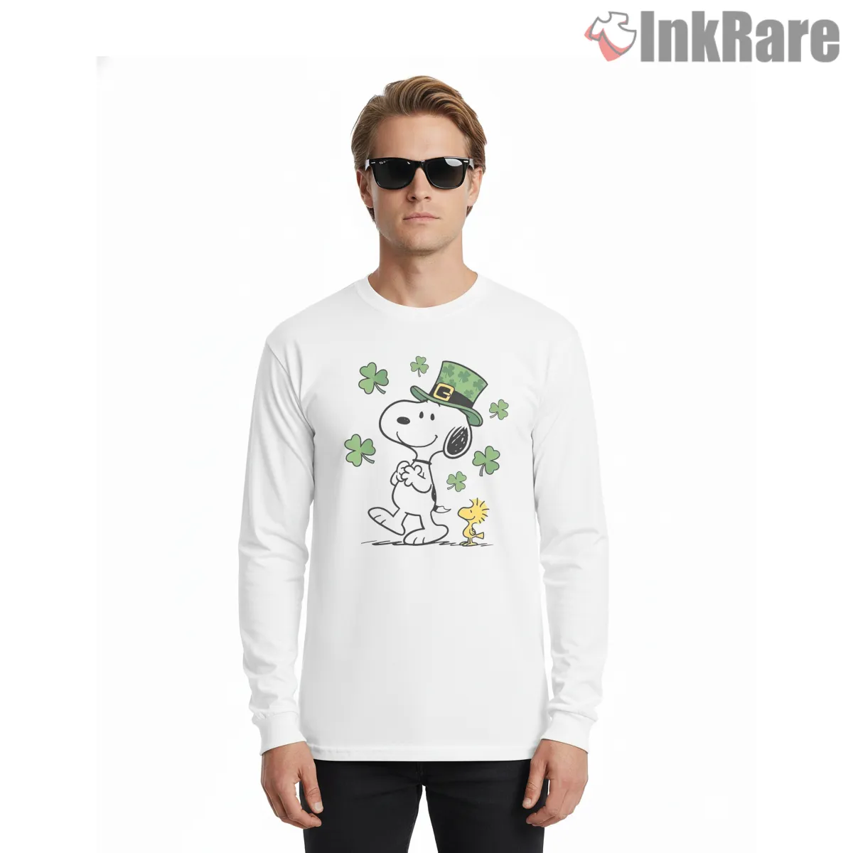 Snoopy And Woodstock Lucky Clover Shirt on white long sleeve shirt for men graphic tee