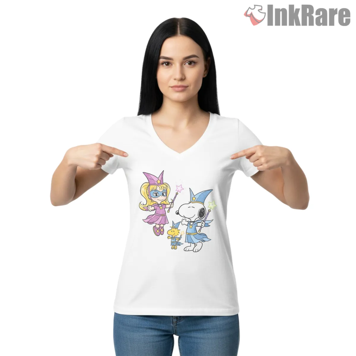 Snoopy And Woodstock Magical Fantasy Costumes Shirt on white v-neck shirt for women graphic tee