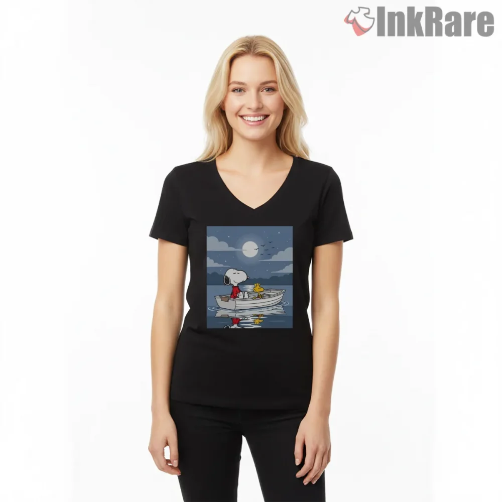 Snoopy And Woodstock Moonlight Boat Ride Shirt on black v-neck shirt for women graphic tee