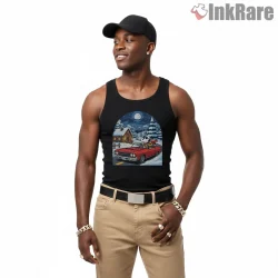 Snoopy And Woodstock Night Winter Drive Convertible Shirt on black tank top for men graphic tee