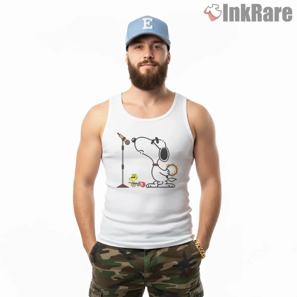 Snoopy And Woodstock Oasis Music Shirt on white tank top for men graphic tee