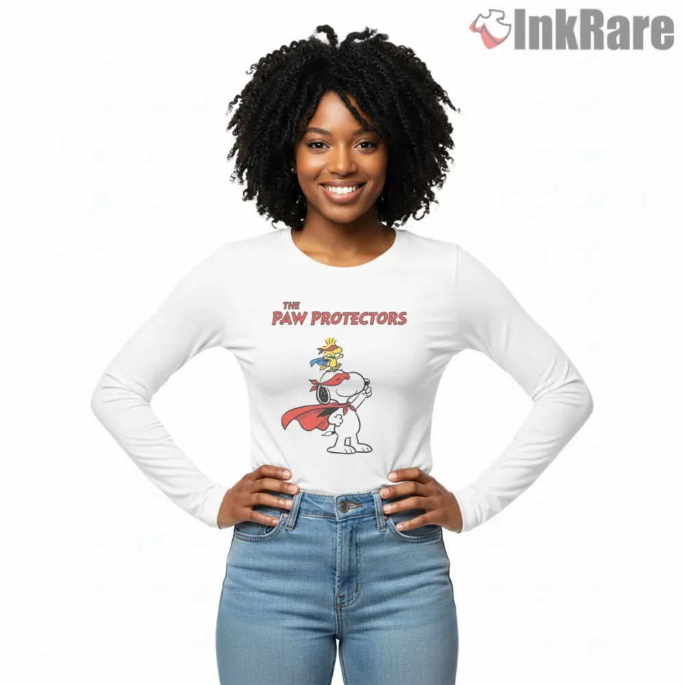 Snoopy And Woodstock Paw Protectors Superhero Shirt on white long sleeve shirt for women graphic tee