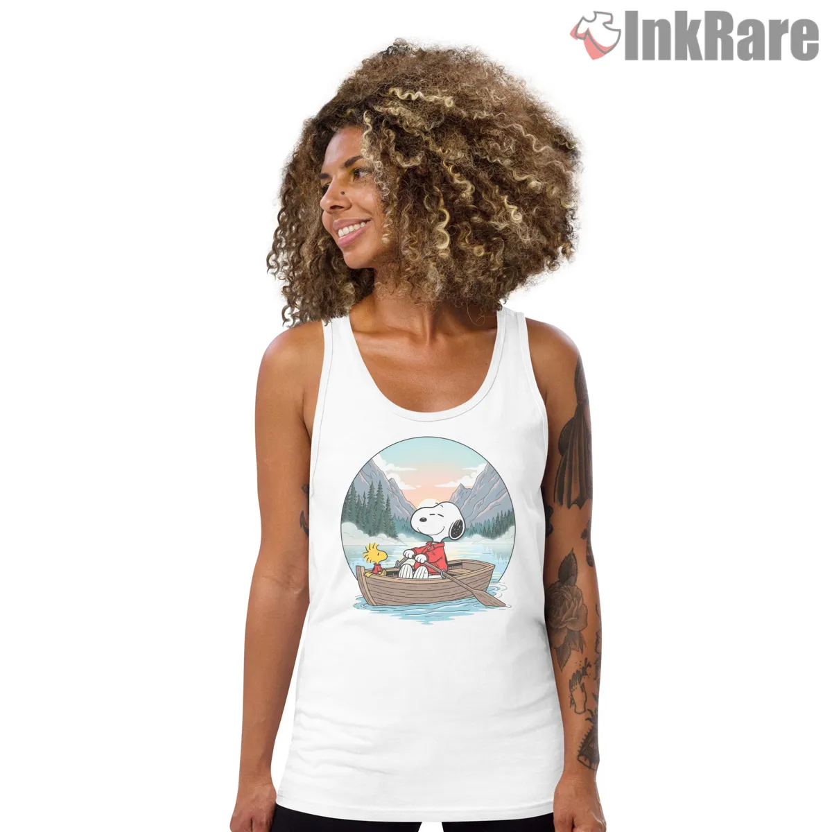 Snoopy And Woodstock Peaceful Lake Rowboat Shirt on white tank top for women graphic tee