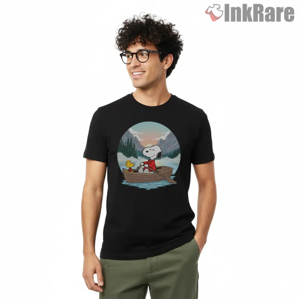 Snoopy And Woodstock Peaceful Rowboat Lake Shirt on black short sleeve shirt for men graphic tee