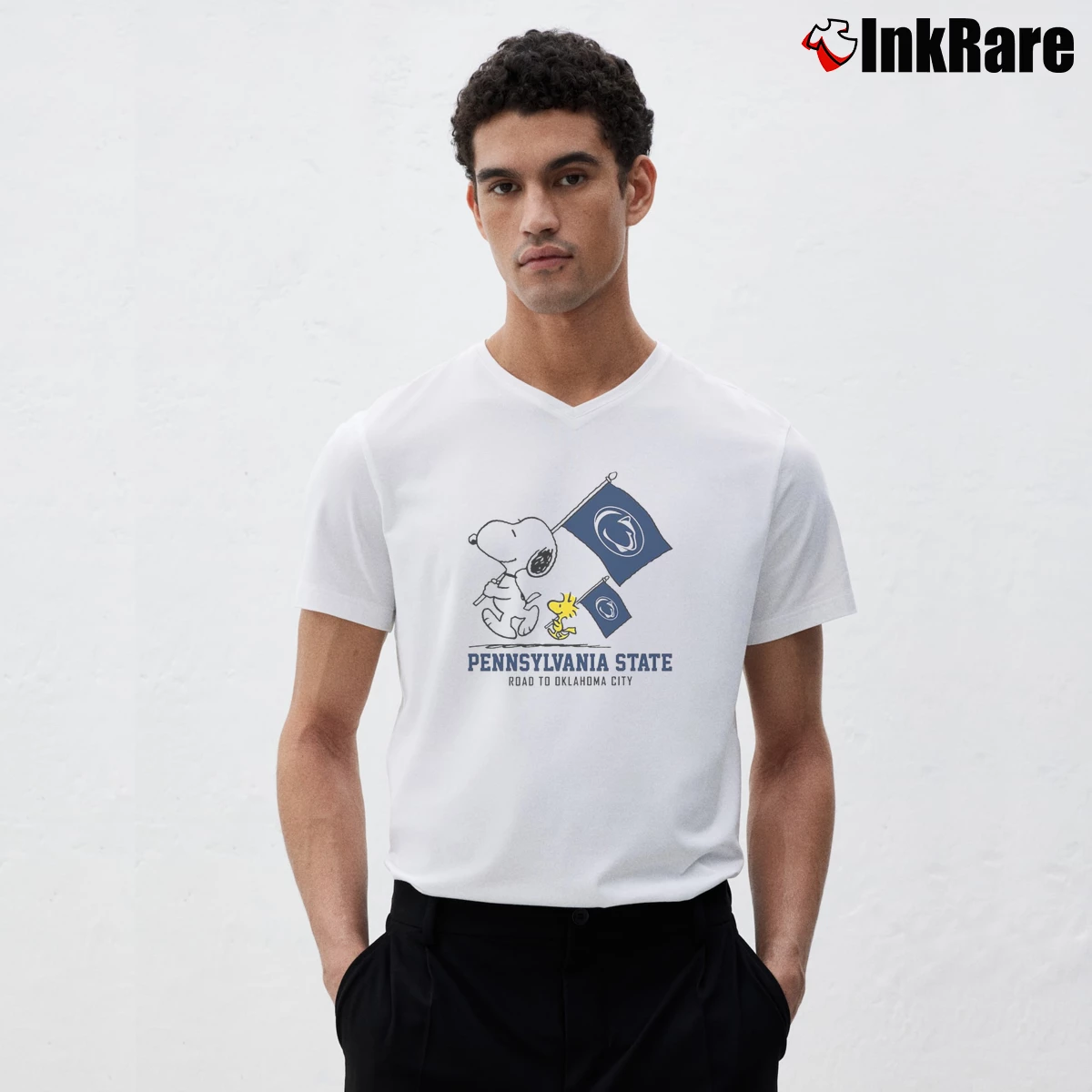 Snoopy And Woodstock Penn State Nittany Lions Road To Oklahoma City Men’s V-Neck Tee in white – Modern Essential Men’s Snoopy And Woodstock Penn State Nittany Lions Road To Oklahoma City V-Neck Tee in white | Sharp, Breathable, Everyday Staple