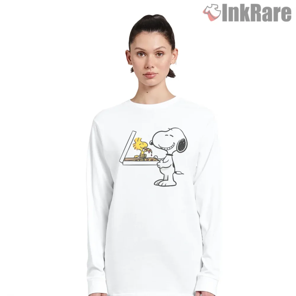 Snoopy And Woodstock Pizza Lovers Graphic Shirt on white long sleeve shirt for women graphic tee