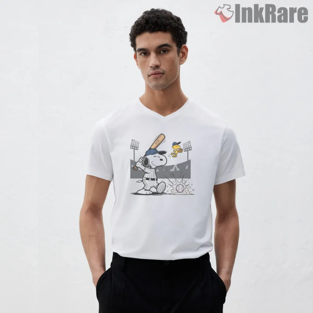 Snoopy And Woodstock Playing Baseball Shirt on white v-neck shirt for men graphic tee