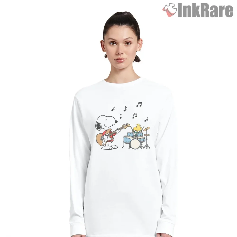 Snoopy And Woodstock Rock Band Shirt on white long sleeve shirt for women graphic tee