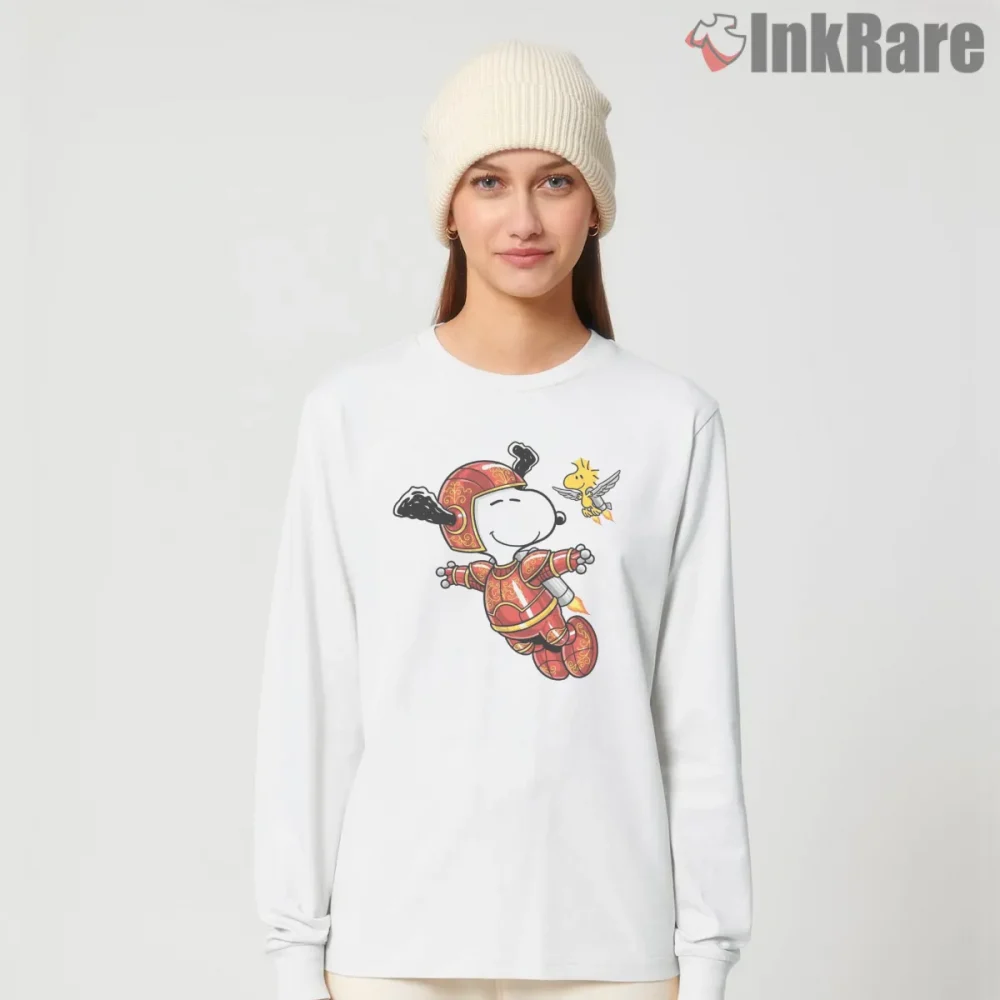Snoopy And Woodstock Rocket Flying Adventure Shirt on white long sleeve shirt for women graphic tee