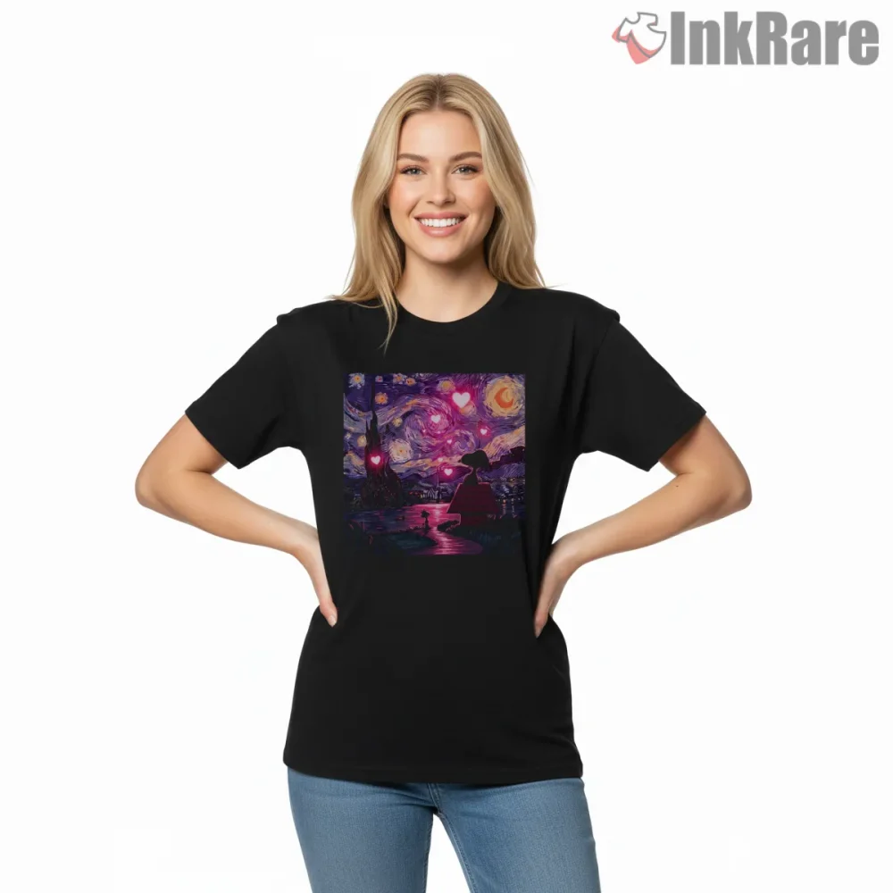 Snoopy And Woodstock Romantic Starry Night Art Shirt on black short sleeve shirt for women graphic tee
