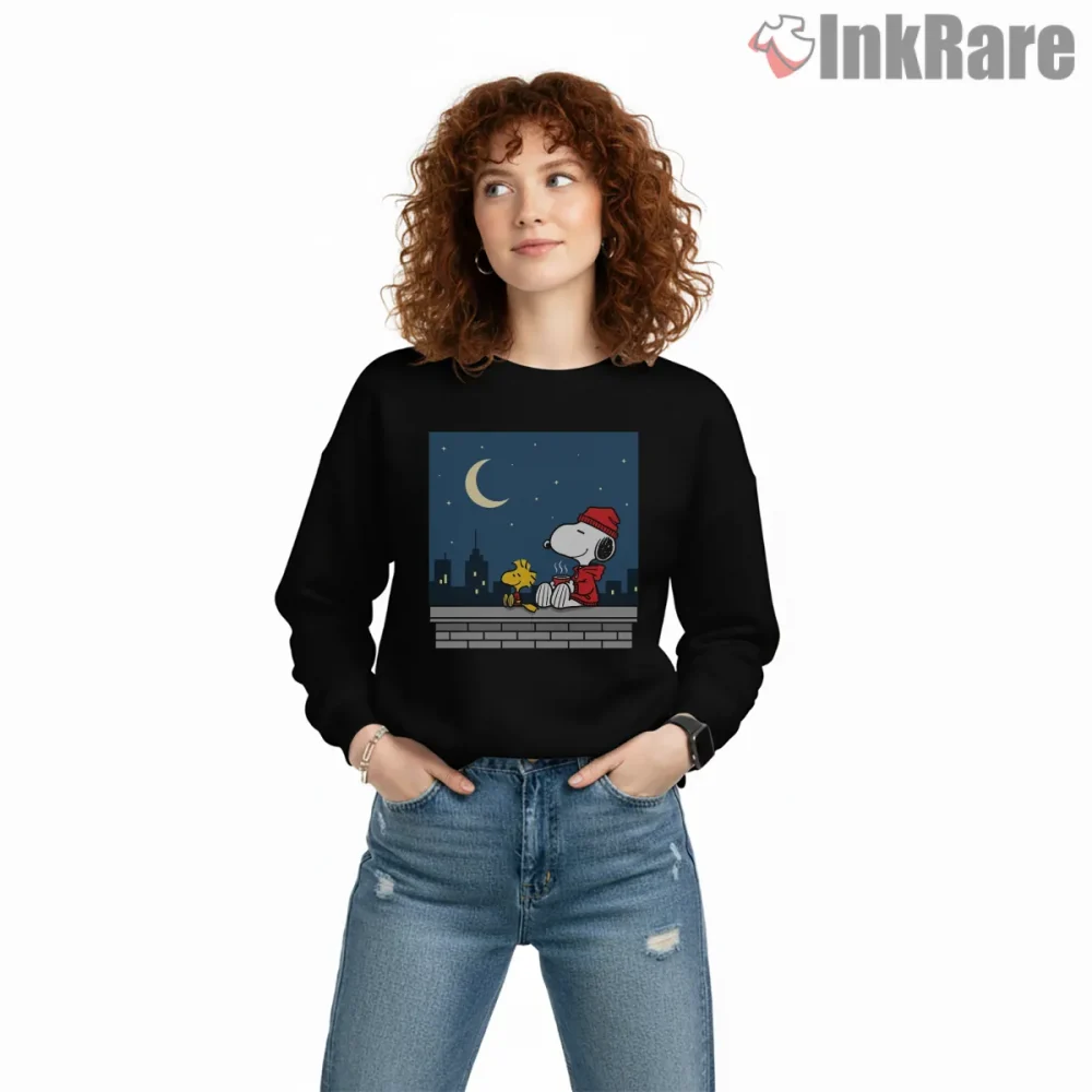 Snoopy And Woodstock Rooftop Night City Shirt on graphic shirt for women graphic tee