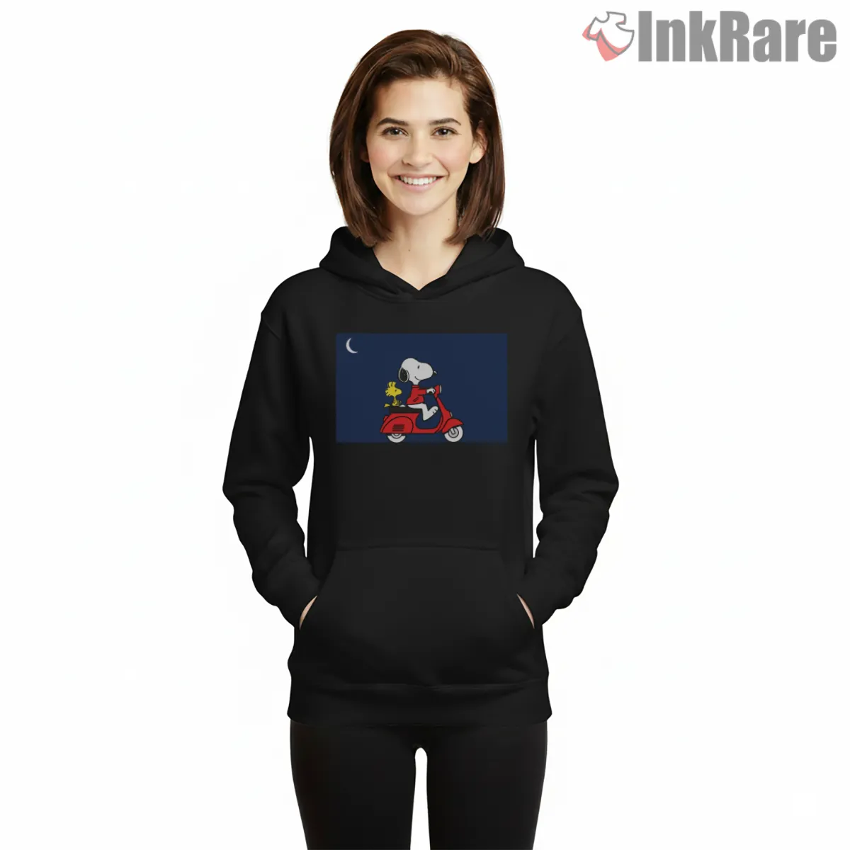Snoopy And Woodstock Scooter Night Ride Hoodie Black Snoopy And Woodstock Scooter Night Ride Shirt on black hoodie for women graphic tee