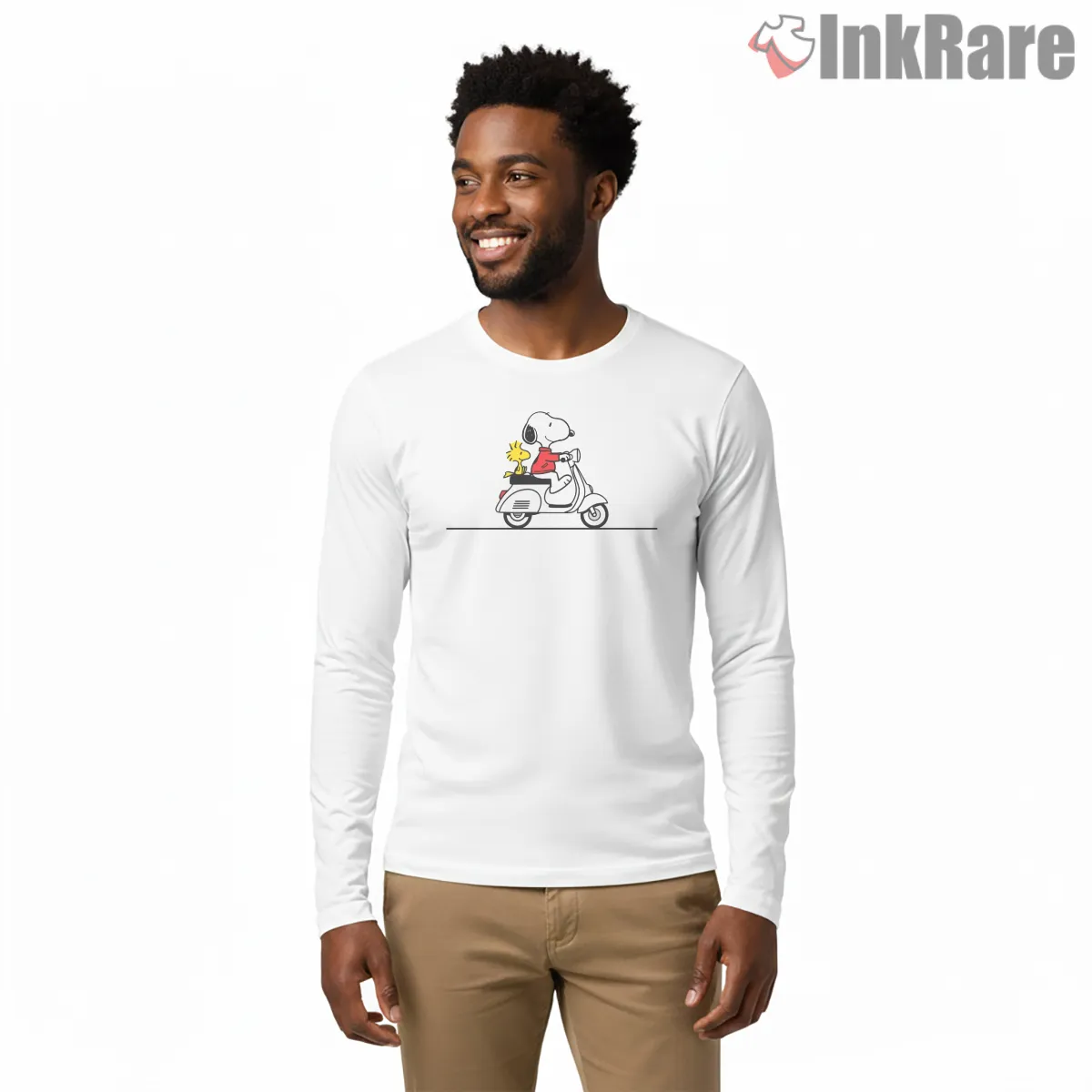 Snoopy And Woodstock Scooter Ride Shirt on white long sleeve shirt for men graphic tee