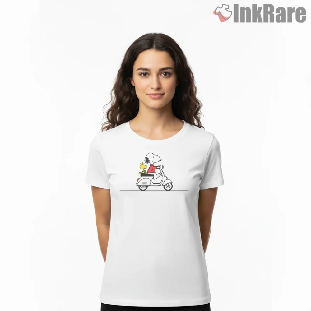 Snoopy And Woodstock Scooter Ride Shirt on white short sleeve shirt for women graphic tee