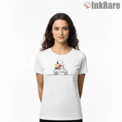 Snoopy And Woodstock Scooter Ride Shirt on white short sleeve shirt for women graphic tee