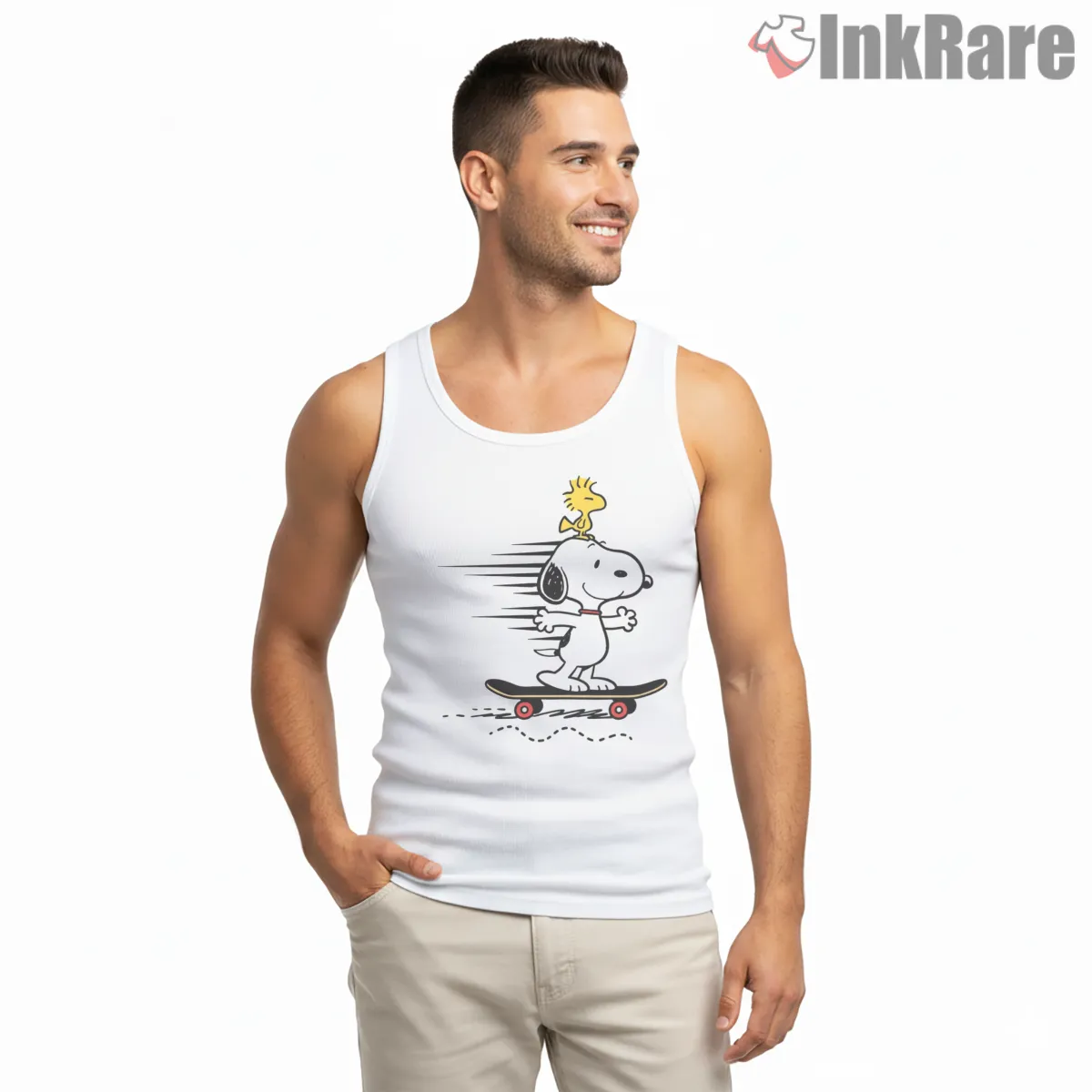 Snoopy And Woodstock Skateboarding Adventure Shirt on white tank top for men graphic tee