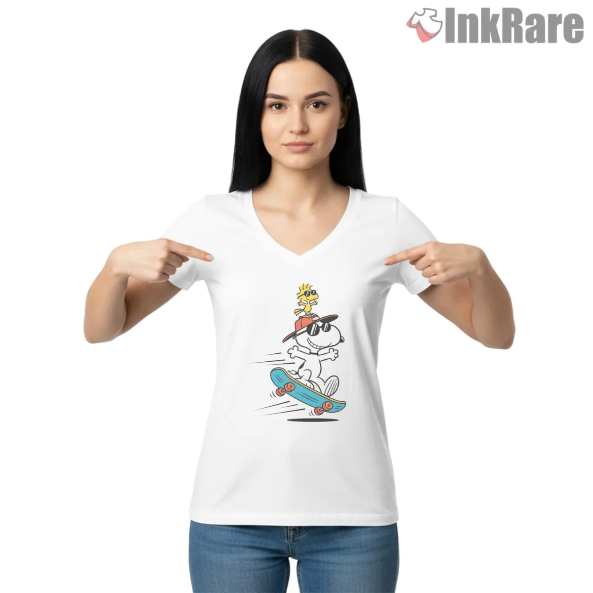 Snoopy And Woodstock Skateboarding Fun Shirt on white v-neck shirt for women graphic tee