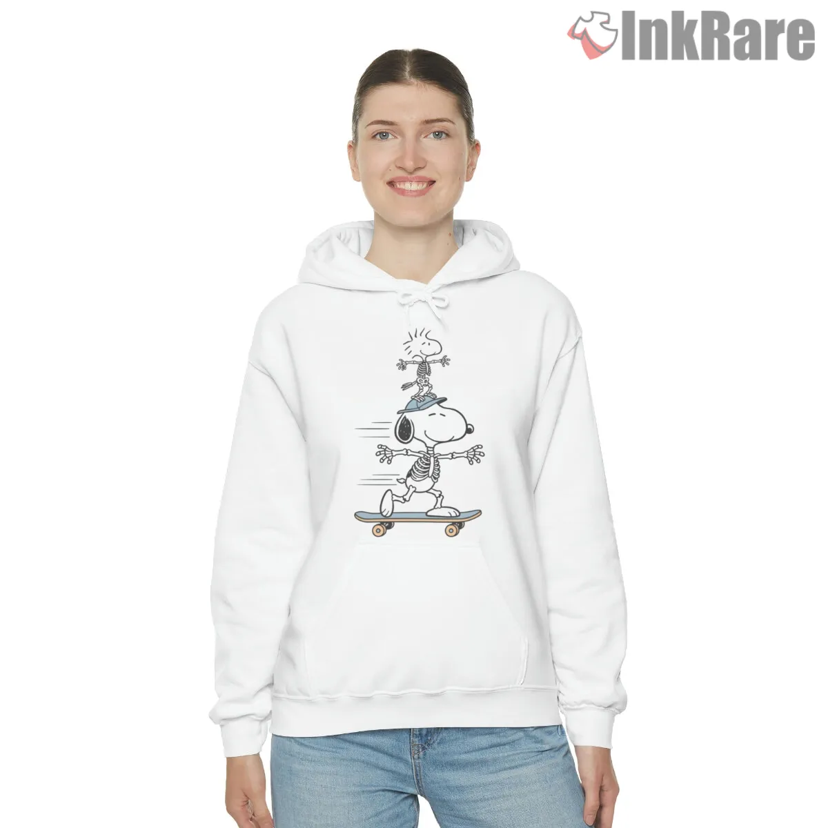 Snoopy And Woodstock Skeleton Skateboard Shirt on white hoodie for women graphic tee