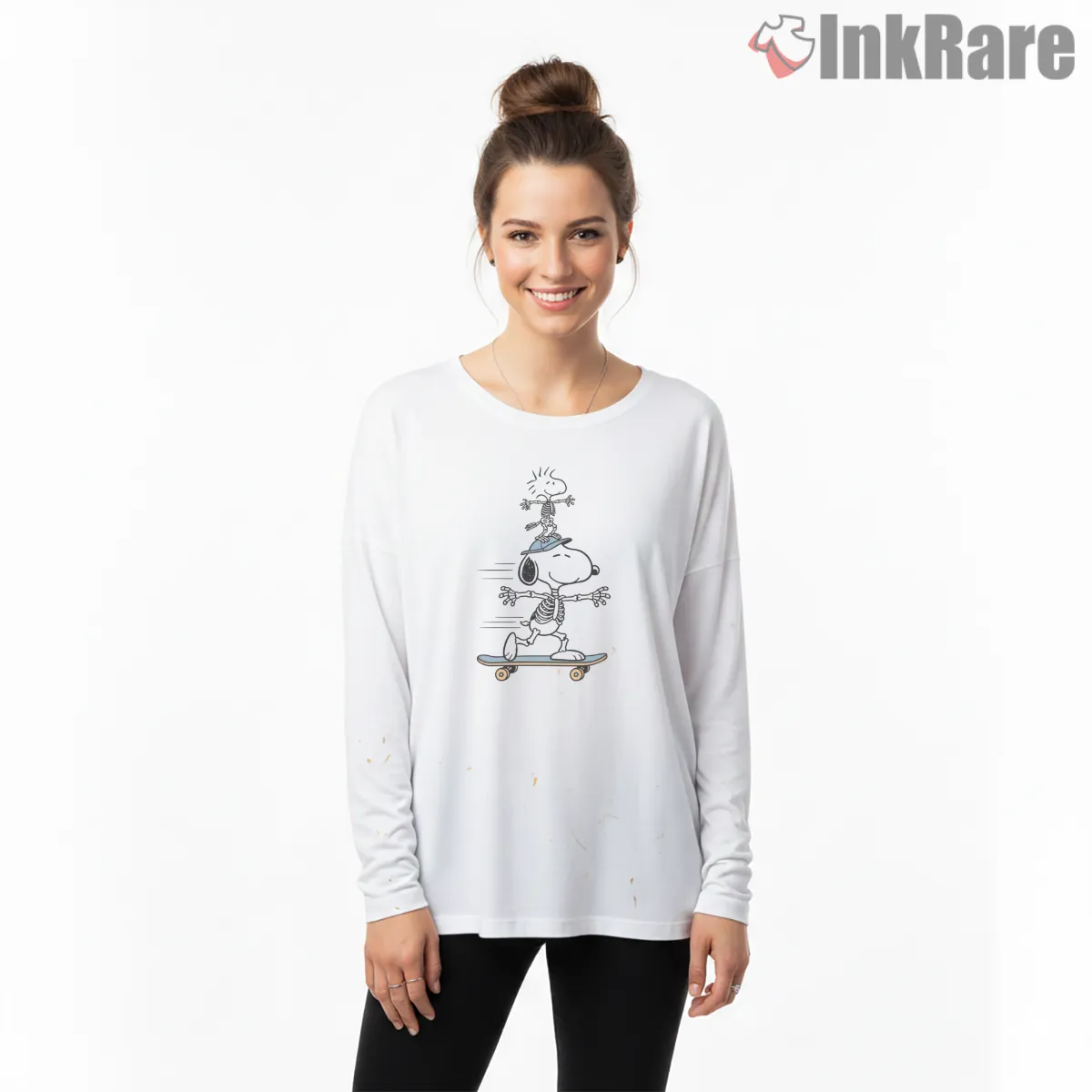 Snoopy And Woodstock Skeleton Skateboard Long Sleeve White Snoopy And Woodstock Skeleton Skateboard Shirt on white long sleeve shirt for women graphic tee