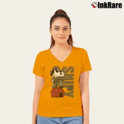 Women’s Snoopy And Woodstock Snipers Snipy Graphic Classic V-Neck Tee in orange | Chic Neckline, Soft Texture