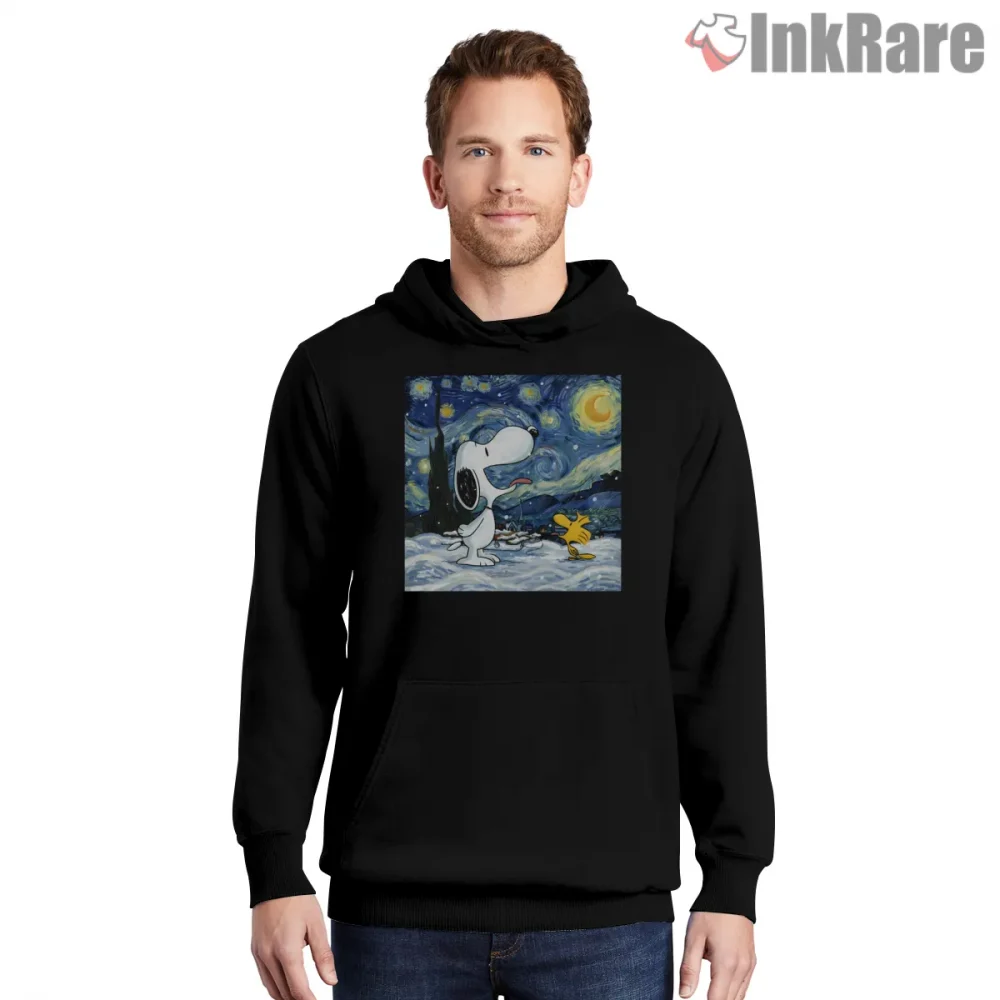 Snoopy And Woodstock Snow Starry Night Art Shirt on black hoodie for men graphic tee