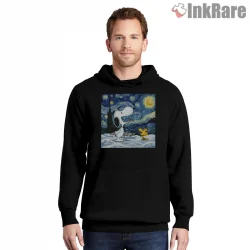 Snoopy And Woodstock Snow Starry Night Art Shirt on black hoodie for men graphic tee
