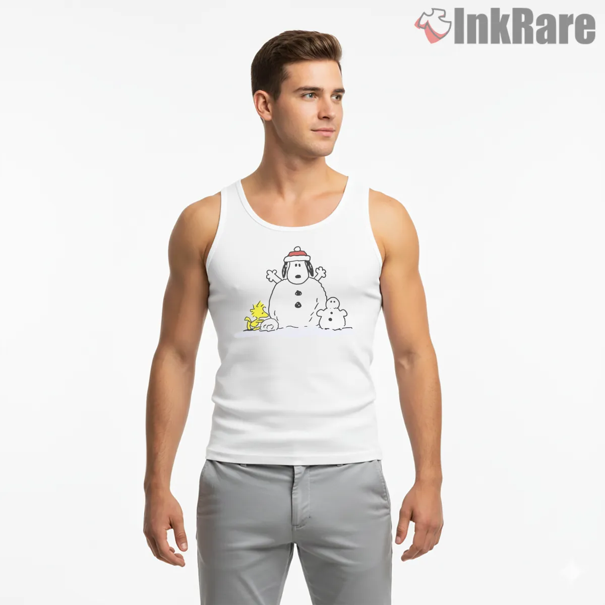 Snoopy And Woodstock Snowman Winter Fun Shirt on white tank top for men graphic tee