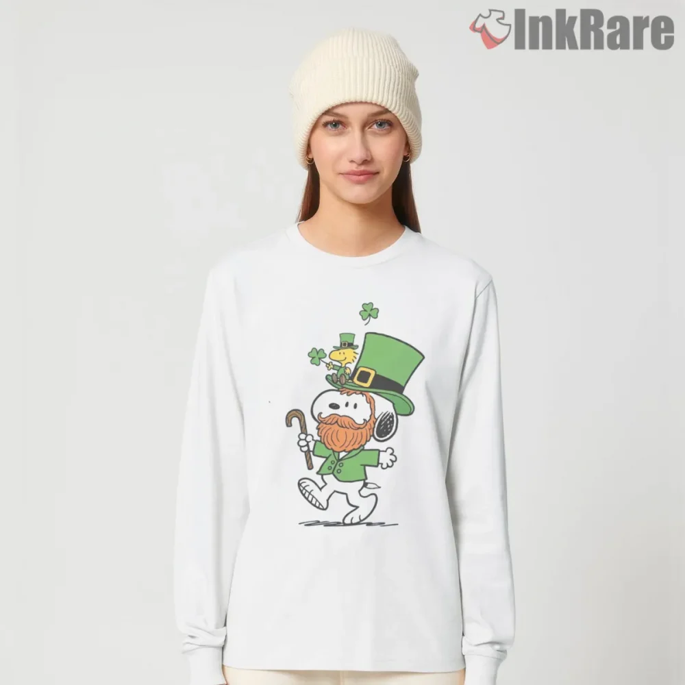 Snoopy And Woodstock St Patricks Day Leprechaun Shirt on white long sleeve shirt for women graphic tee