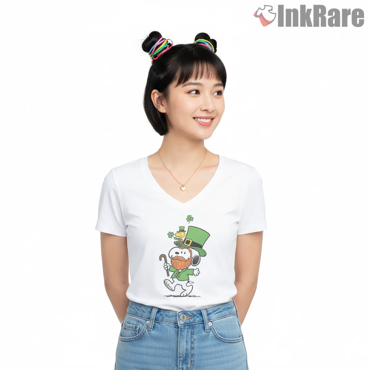 Snoopy And Woodstock St Patricks Day Leprechaun Shirt on white v-neck shirt for women graphic tee