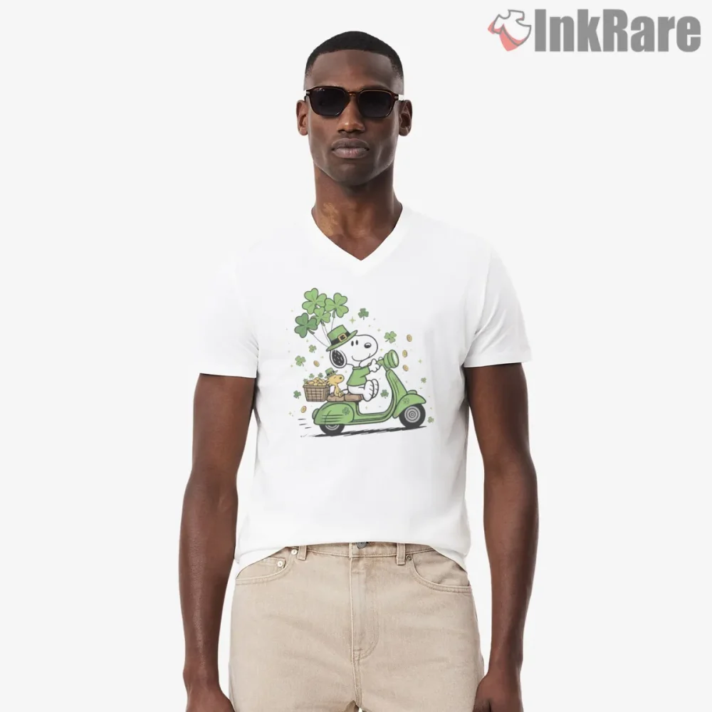 Snoopy And Woodstock St Patricks Day Scooter Shirt on white v-neck shirt for men graphic tee
