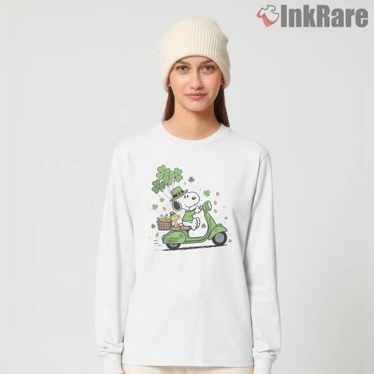 Snoopy And Woodstock St Patricks Day Scooter Shirt on white long sleeve shirt for women graphic tee