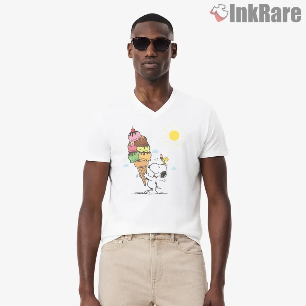 Snoopy And Woodstock Summer Ice Cream Shirt on white v-neck shirt for men graphic tee