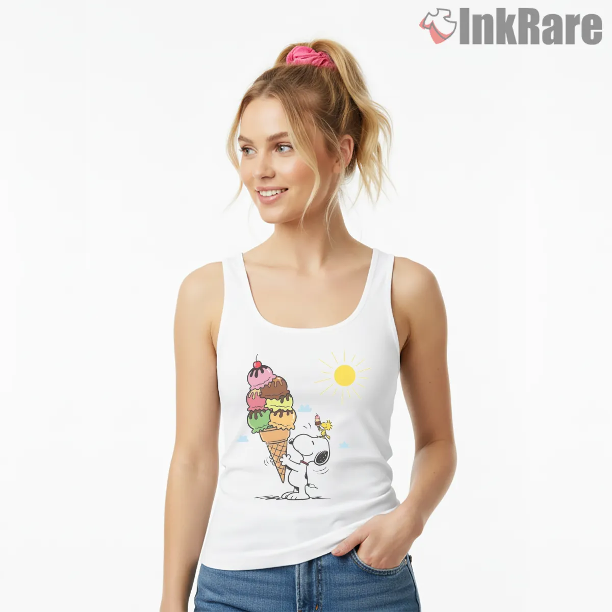 Snoopy And Woodstock Summer Ice Cream Shirt on white tank top for women graphic tee