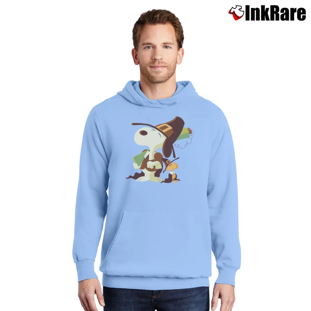 Men’s Snoopy And Woodstock Thanksgiving Celebrate Pullover Hoodie in light blue | Cozy, Durable, Modern Fit