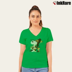 Women’s Snoopy And Woodstock Thanksgiving Celebrate V-Neck Tee in irish green | Chic Neckline, Soft Texture