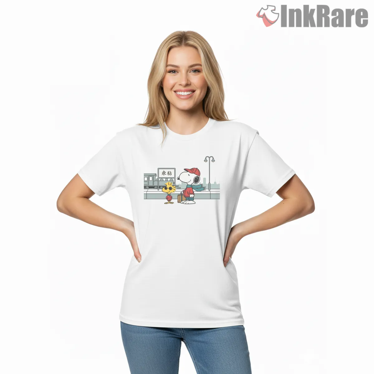 Snoopy And Woodstock Train Station Scene Shirt on white short sleeve shirt for women graphic tee