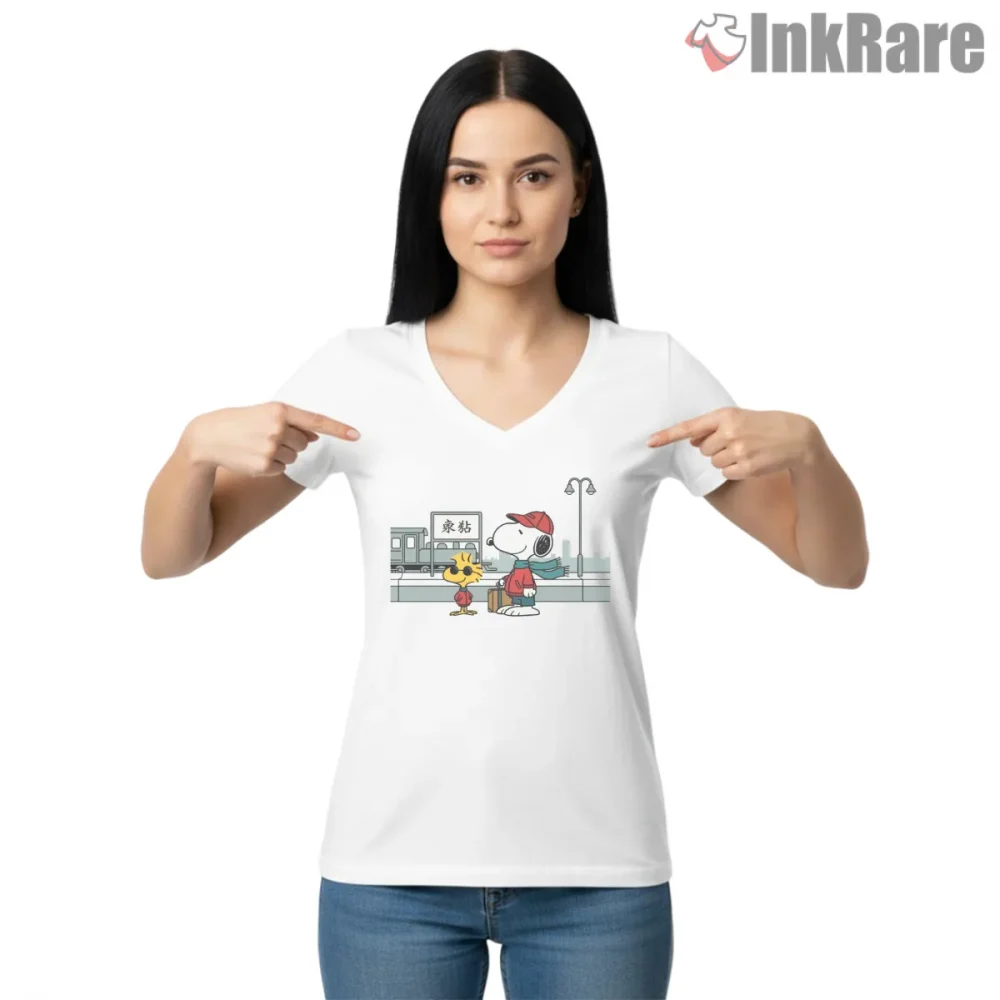 Snoopy And Woodstock Train Station Scene Shirt on white v-neck shirt for women graphic tee