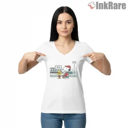 Snoopy And Woodstock Train Station Scene Shirt on white v-neck shirt for women graphic tee