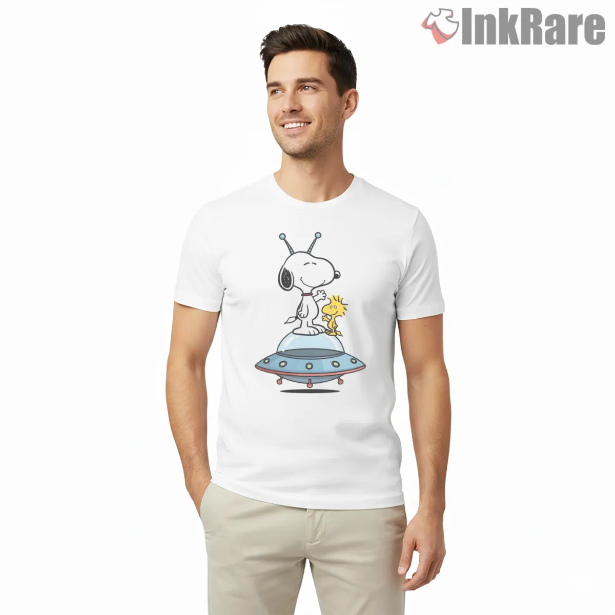 Snoopy And Woodstock Ufo Space Adventure Shirt on white short sleeve shirt for men graphic tee