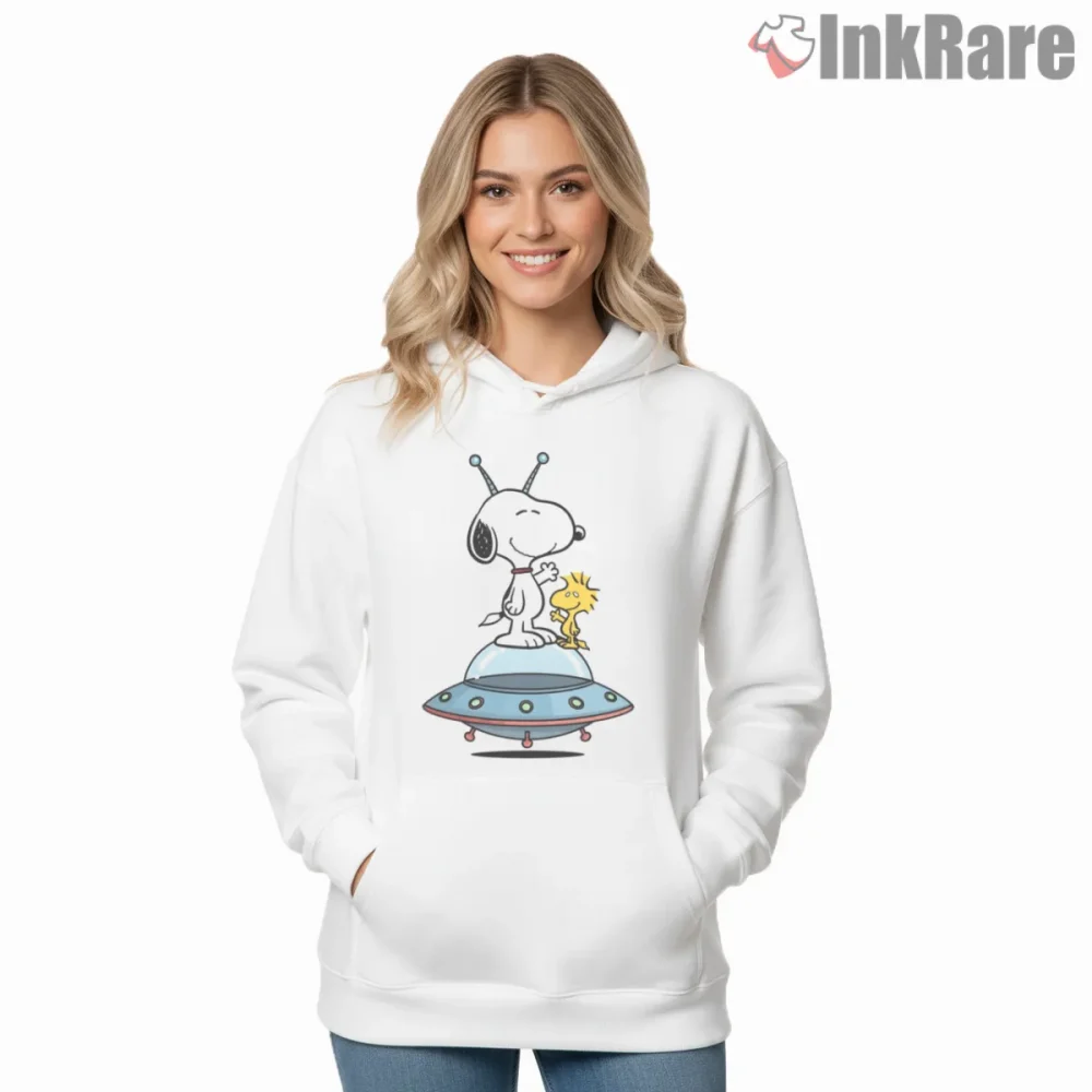 Snoopy And Woodstock Ufo Space Adventure Shirt on white hoodie for women graphic tee