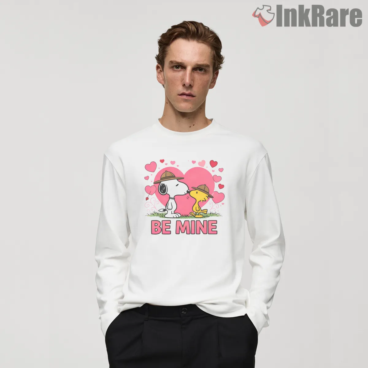 Snoopy And Woodstock Under Pink Hearts Shirt on white long sleeve shirt for men graphic tee