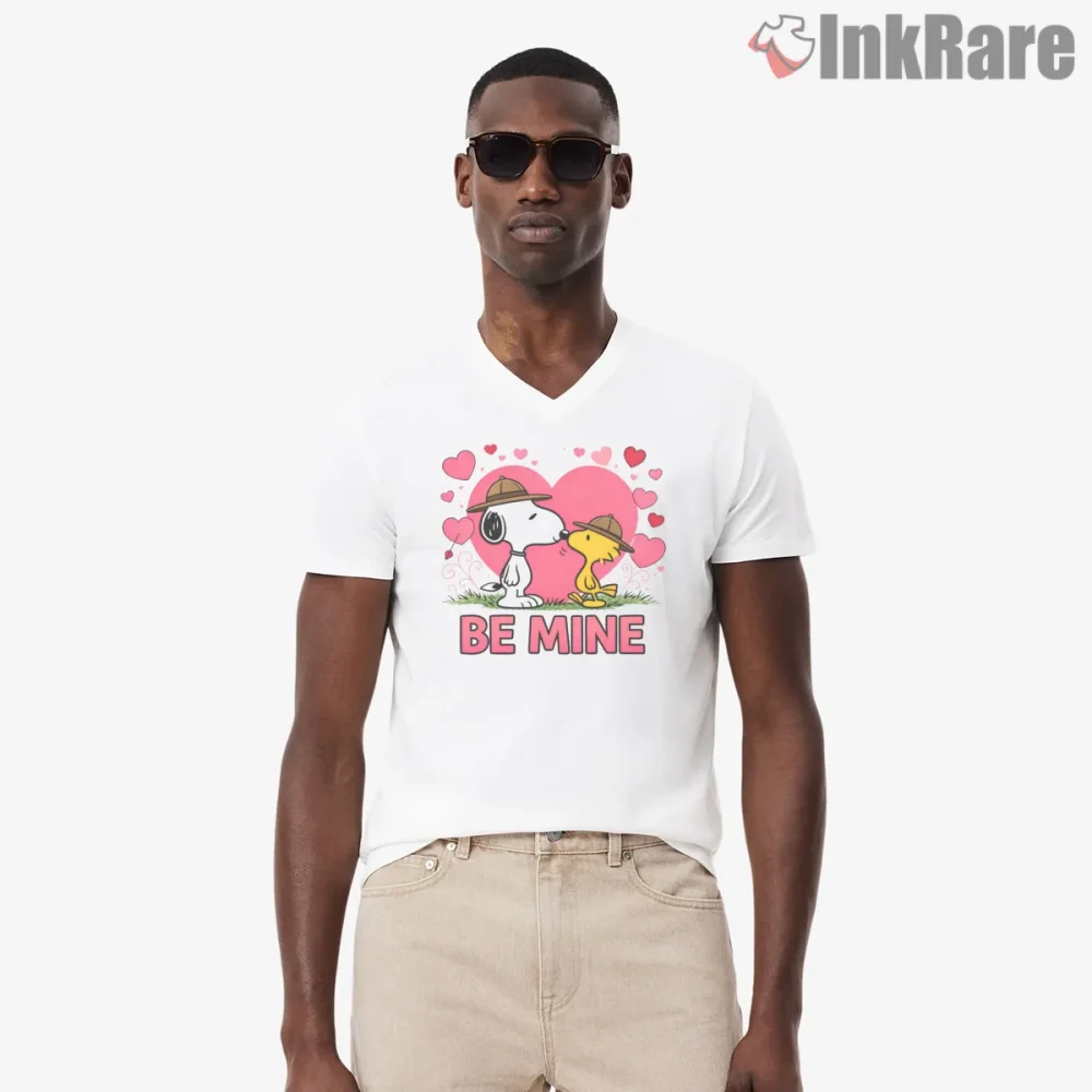 Snoopy And Woodstock Under Pink Hearts Shirt on white v-neck shirt for men graphic tee