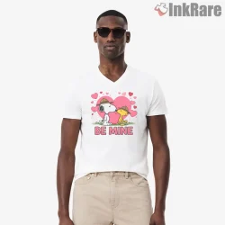 Snoopy And Woodstock Under Pink Hearts Shirt on white v-neck shirt for men graphic tee