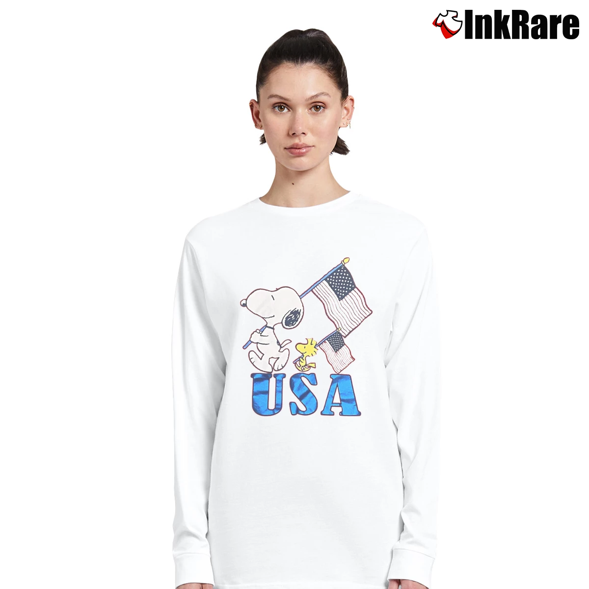 Snoopy And Woodstock Usa Flags Patriotic Women’s Long-Sleeve Top in white – Effortless Layer Women’s Snoopy And Woodstock Usa Flags Patriotic Long-Sleeve Top in white | Sleek, Versatile, All-Season
