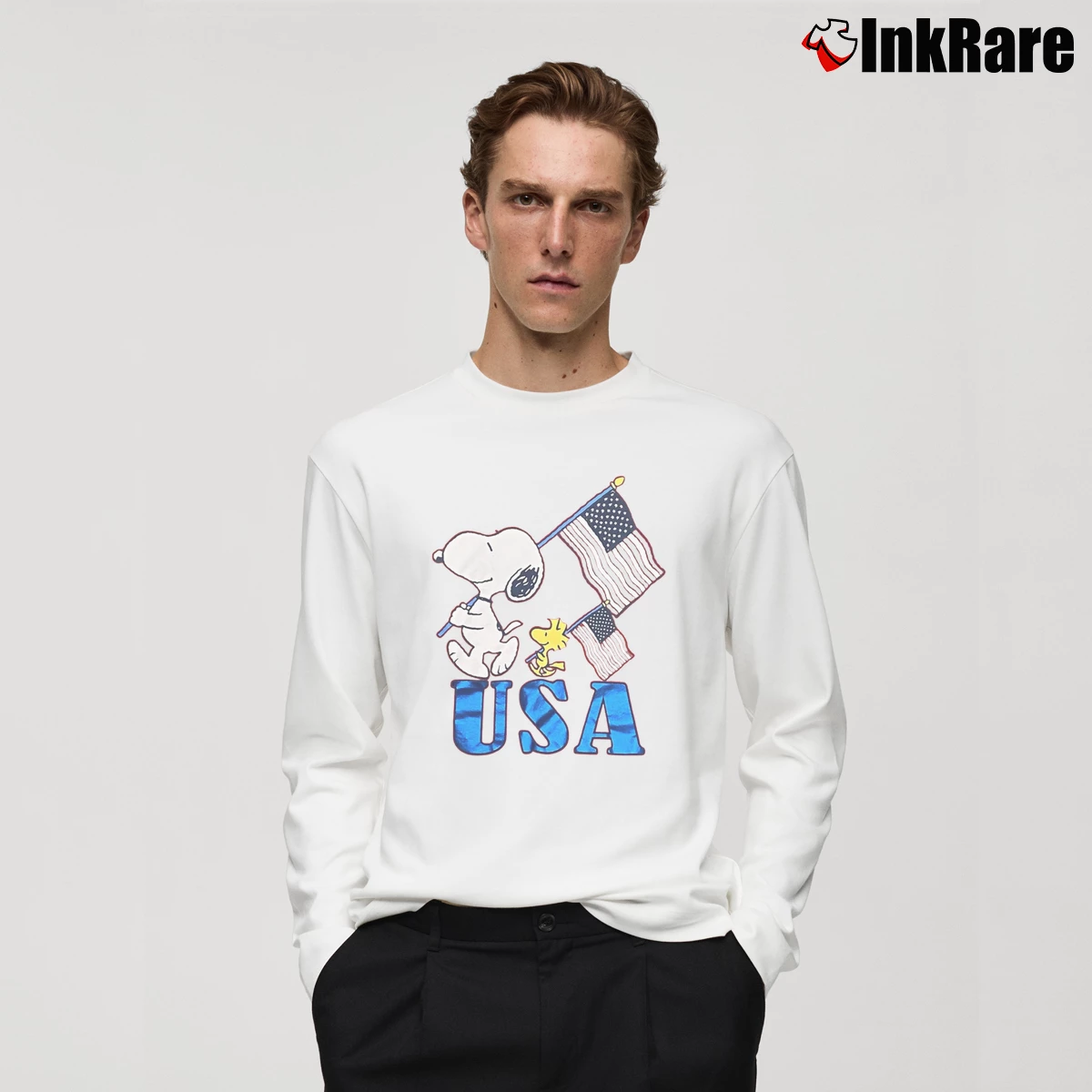 Snoopy And Woodstock Usa Flags Patriotic Men’s Long-Sleeve Tee in white – Versatile Layering Men’s Snoopy And Woodstock Usa Flags Patriotic Long-Sleeve Shirt in white | Sleek, Lightweight, Year-Round Wear