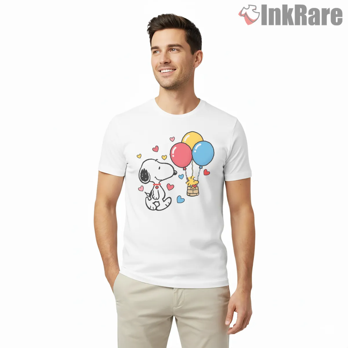 Snoopy And Woodstock Valentine Balloons Shirt on white short sleeve shirt for men graphic tee