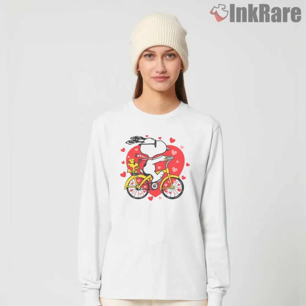 Snoopy And Woodstock Valentine Bike Ride Shirt on white long sleeve shirt for women graphic tee