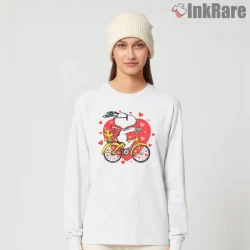 Snoopy And Woodstock Valentine Bike Ride Shirt on white long sleeve shirt for women graphic tee