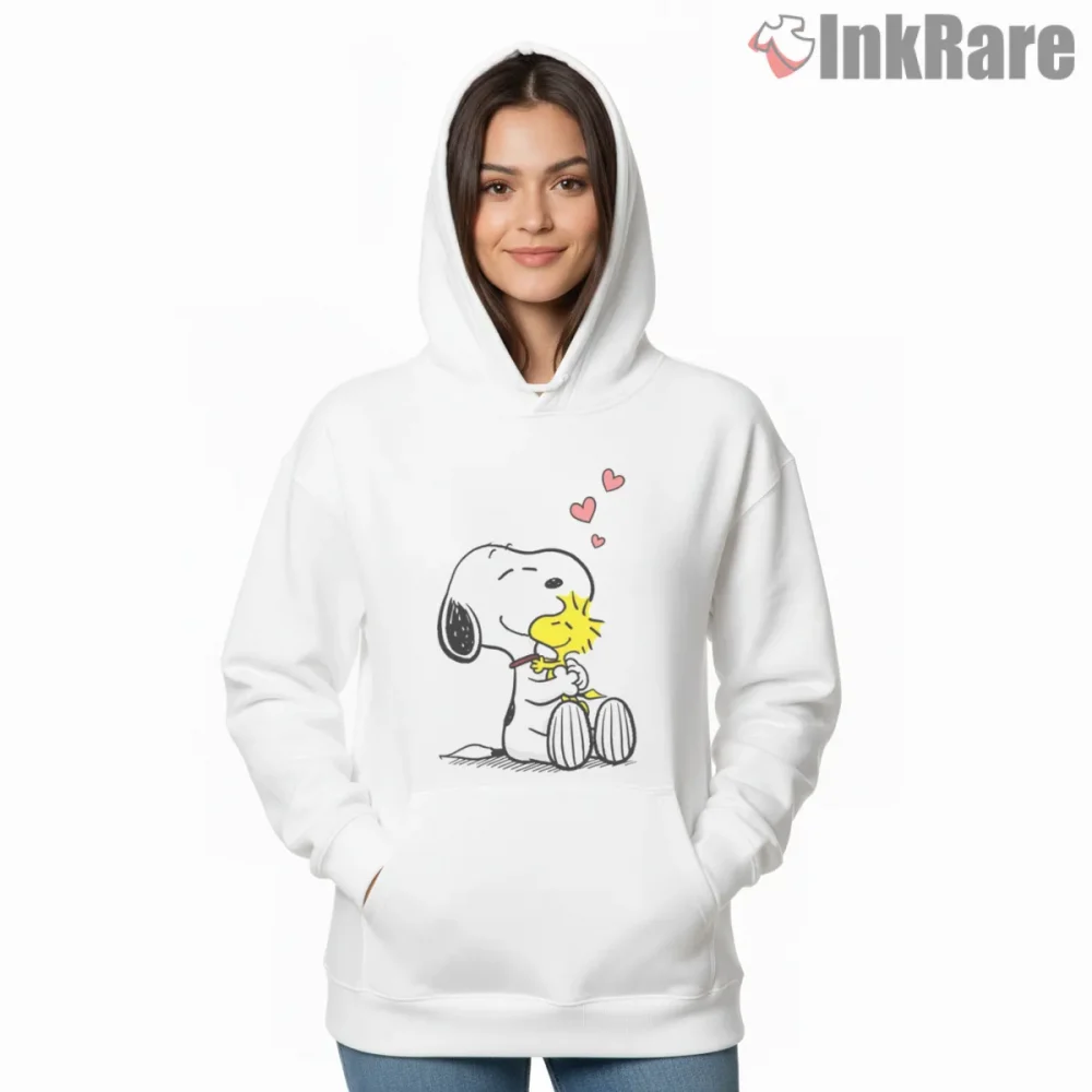 Snoopy And Woodstock Valentine Love Hug Shirt on white hoodie for women graphic tee